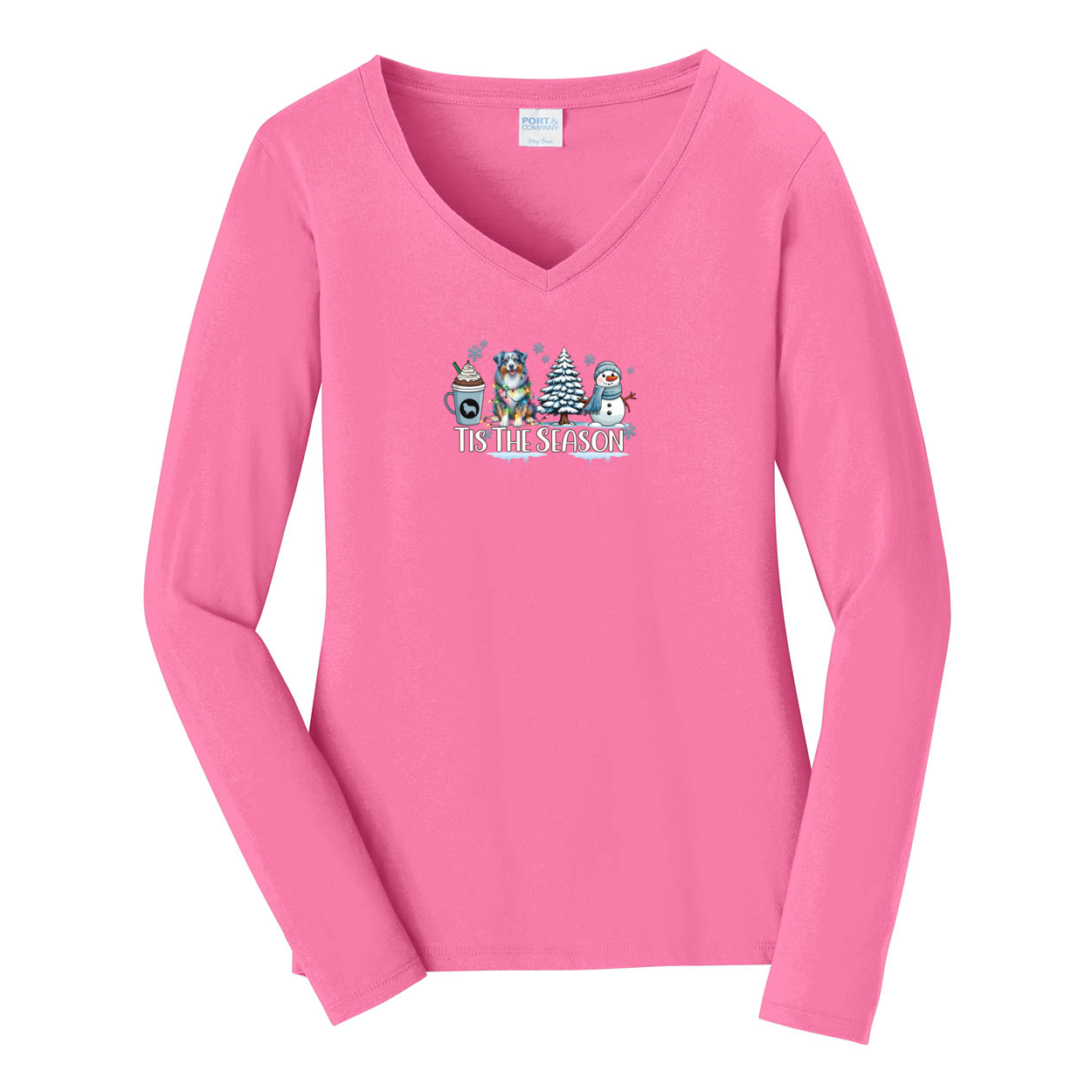 Blue Merle Australian Shepherd Tis The Season Winter V-Neck Long Sleeve