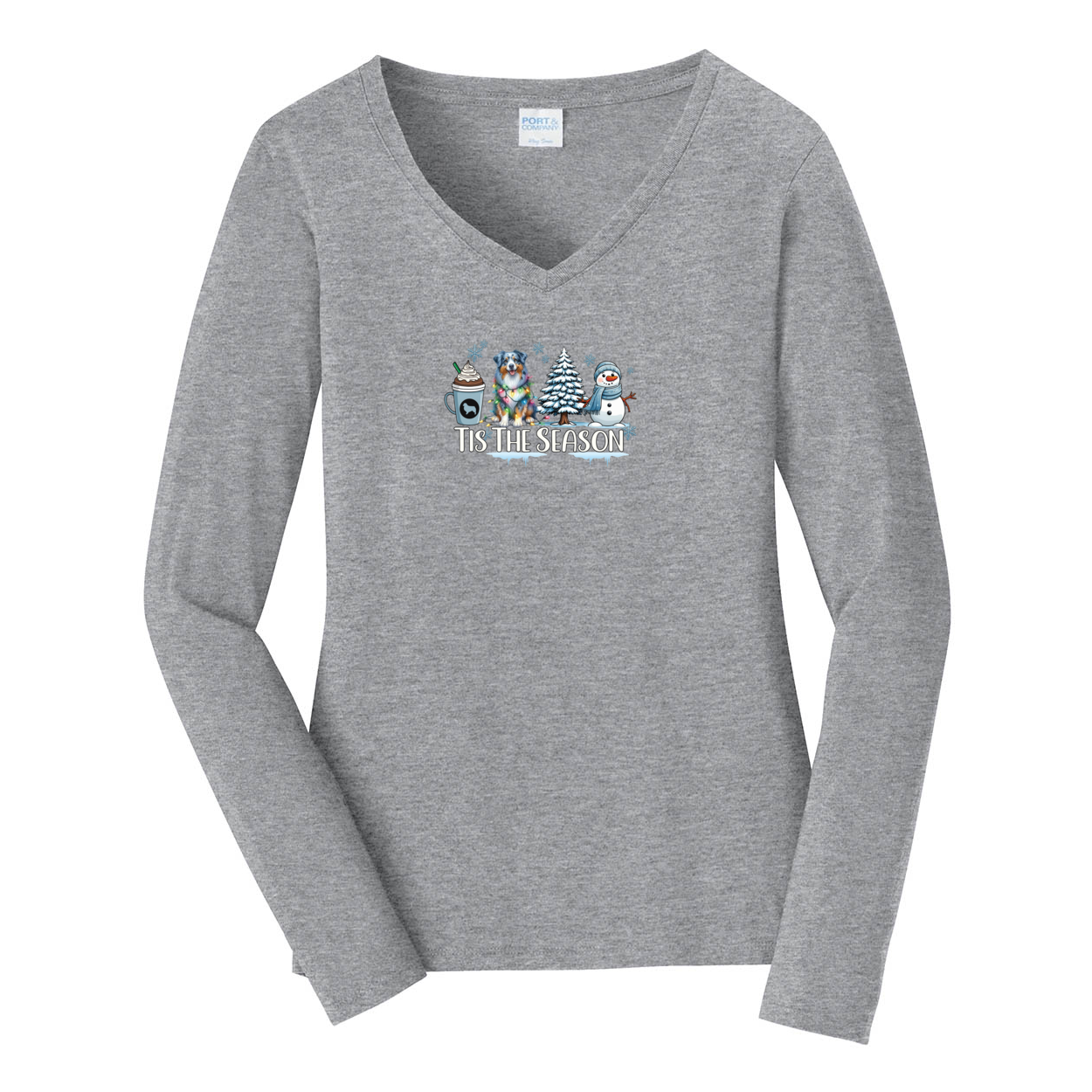Blue Merle Australian Shepherd Tis The Season Winter V-Neck Long Sleeve