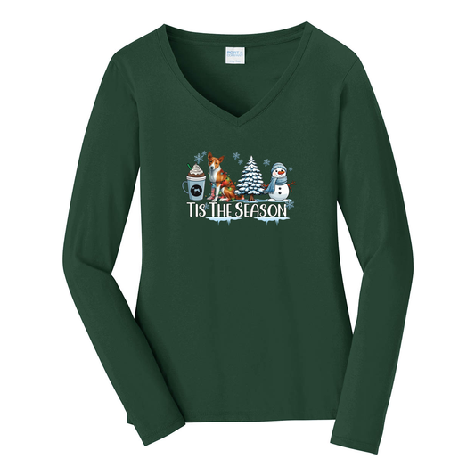Basenji Tis The Season Winter Port & Company® Ladies Long Sleeve Fan Favorite™ V-Neck Tee LPC450VLS - WagALotBowWow