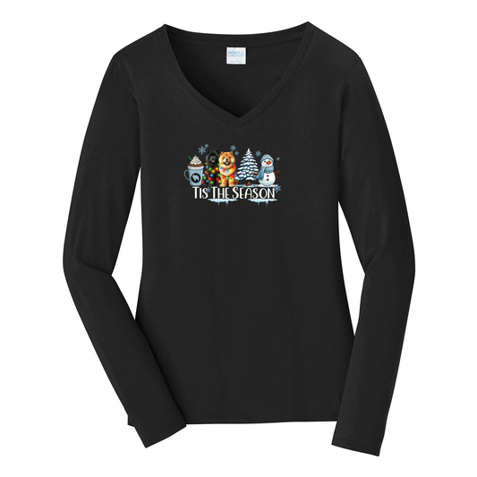 Chow Chow Tis The Season Winter Port & Company® Ladies Long Sleeve Fan Favorite™ V-Neck Tee LPC450VLS - WagALotBowWow