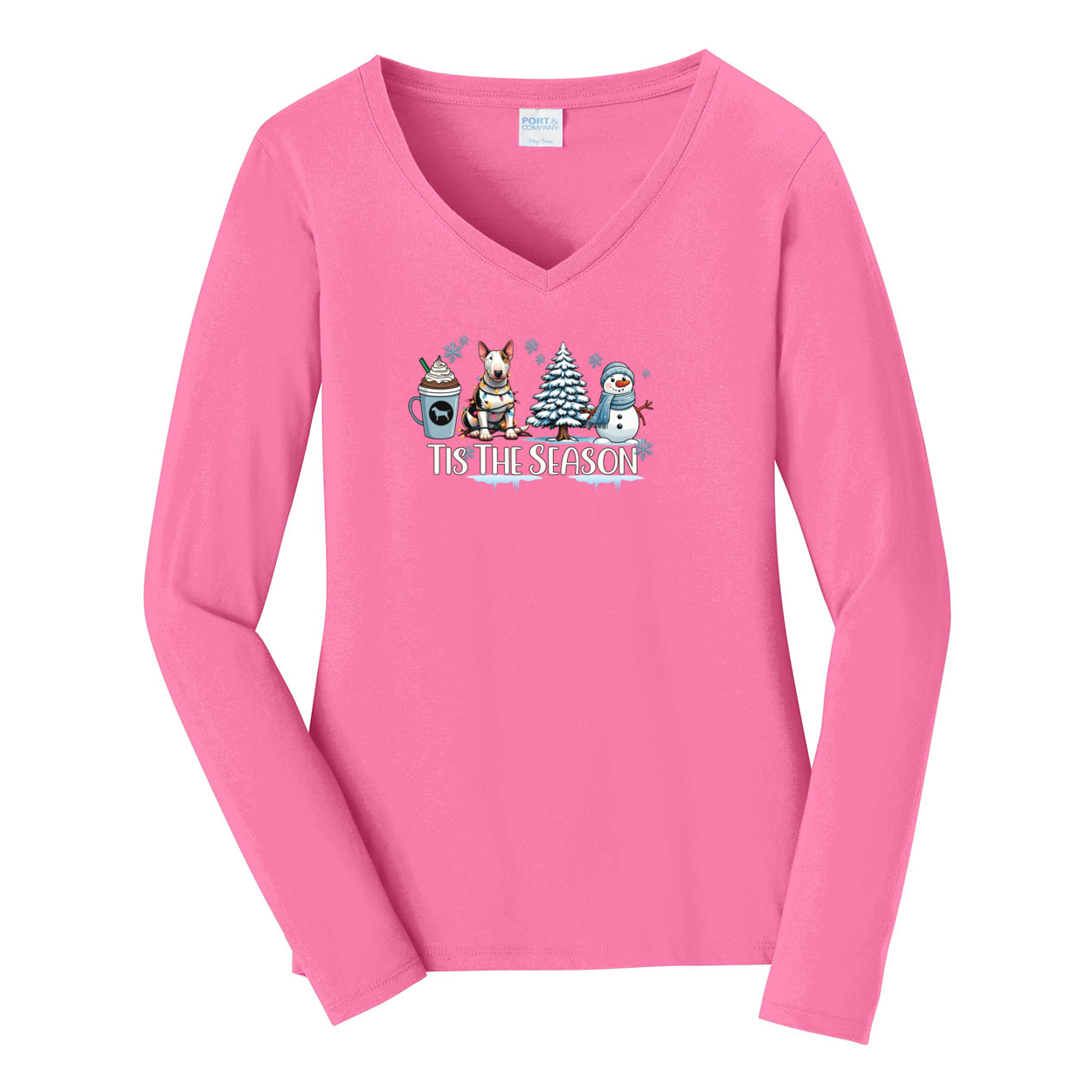 Bull Terrier Tis The Season Winter Port & Company® Ladies Long Sleeve Fan Favorite™ V-Neck Tee LPC450VLS - WagALotBowWow