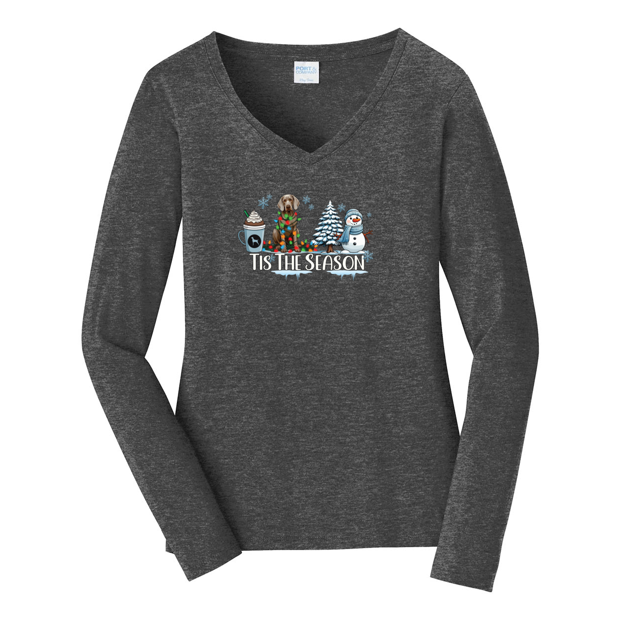 Weimaraner Tis The Season Winter Port & Company® Ladies Long Sleeve Fan Favorite™ V-Neck Tee LPC450VLS - WagALotBowWow