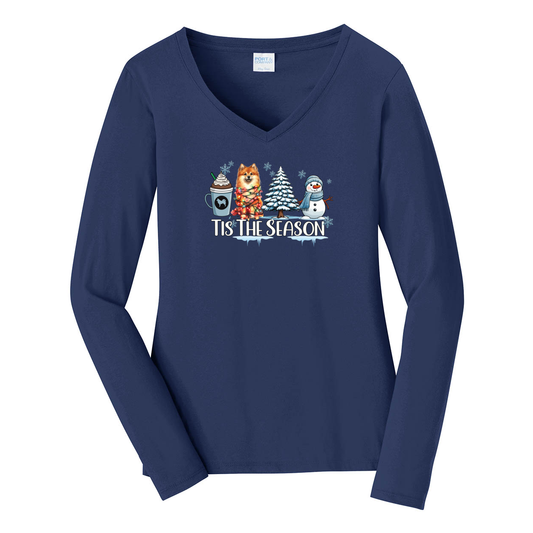 Finnish Spitz Tis The Season Winter Port & Company® Ladies Long Sleeve Fan Favorite™ V-Neck Tee LPC450VLS - WagALotBowWow