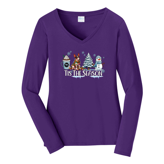 Rat Terrier Tis The Season Winter Port & Company® Ladies Long Sleeve Fan Favorite™ V-Neck Tee LPC450VLS - WagALotBowWow