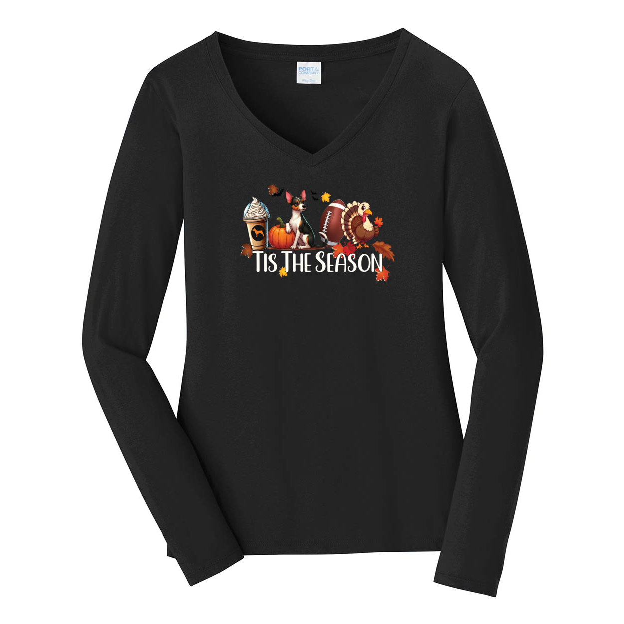 Rat Terrier Tis The Season Fall Port & Company® Ladies Long Sleeve Fan Favorite™ V-Neck Tee LPC450VLS - WagALotBowWow