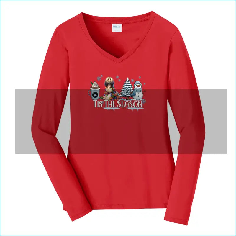 Afghan Tis The Season Winter Port & Company® Ladies Long Sleeve Fan Favorite™ V-Neck Tee LPC450VLS - XS / Bright Red