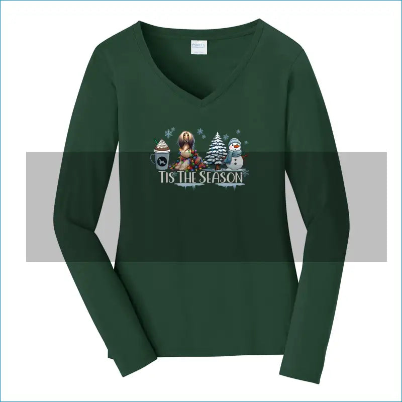 Afghan Tis The Season Winter Port & Company® Ladies Long Sleeve Fan Favorite™ V-Neck Tee LPC450VLS - XS / Forest Green