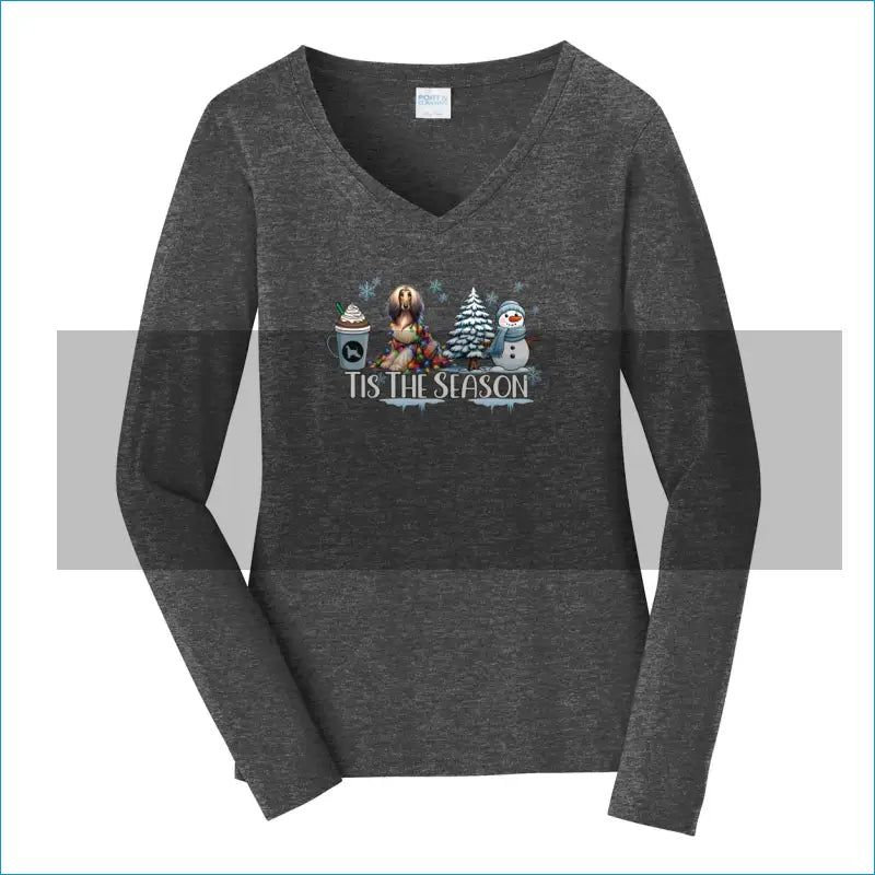 Afghan Tis The Season Winter Port & Company® Ladies Long Sleeve Fan Favorite™ V-Neck Tee LPC450VLS - XS / Dark Heather