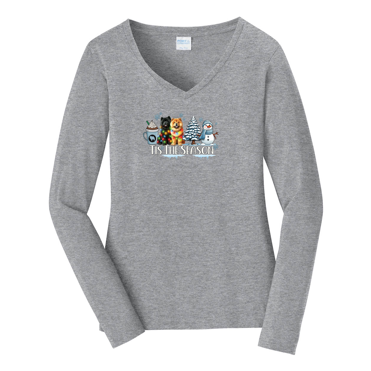 Chow Chow Tis The Season Winter Port & Company® Ladies Long Sleeve Fan Favorite™ V-Neck Tee LPC450VLS - WagALotBowWow