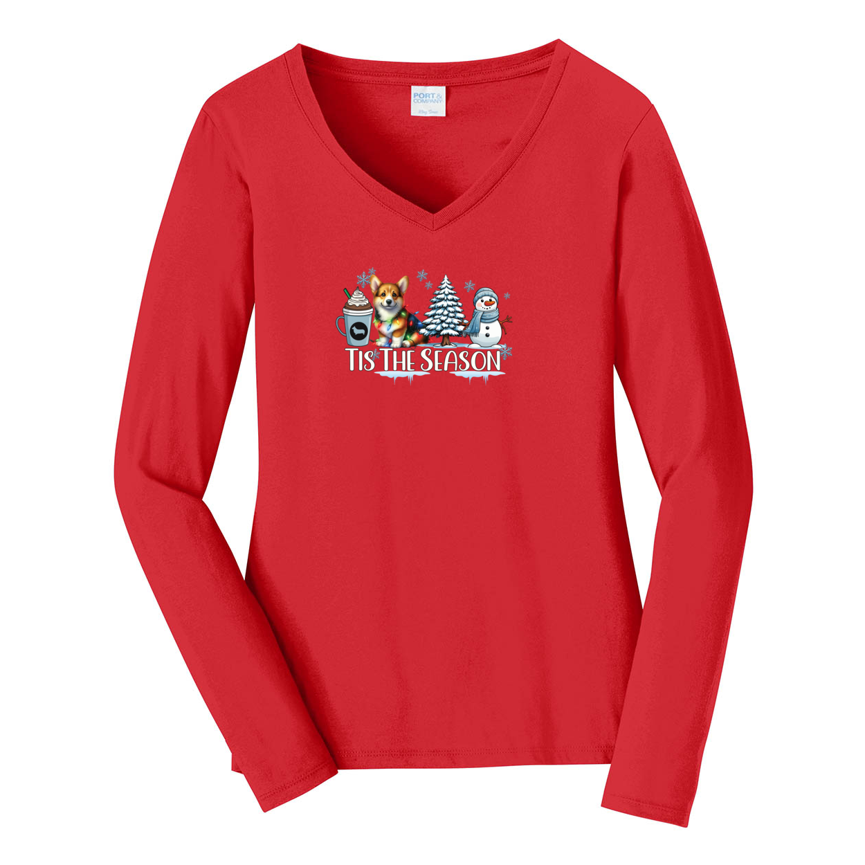 Pembroke Welsh Corgi Tis The Season Winter Port & Company® Ladies Long Sleeve Fan Favorite™ V-Neck Tee LPC450VLS - WagALotBowWow