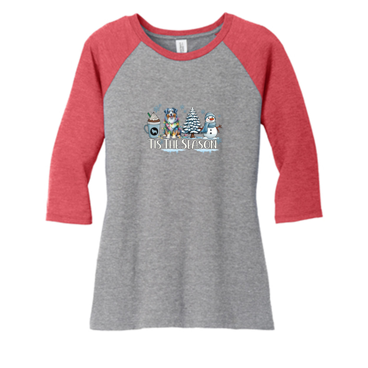 Blue Merle Australian Shepherd Winter Tis The Season 3/4-Sleeve Raglan - WagALotBowWow