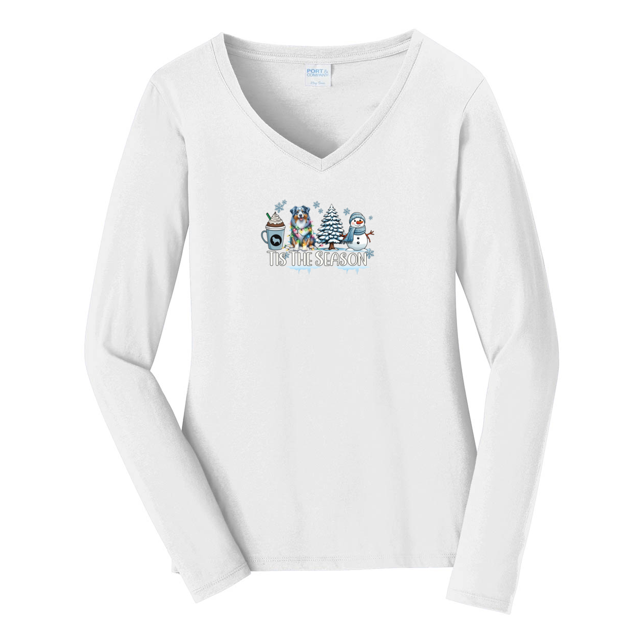 Blue Merle Australian Shepherd Tis The Season Winter V-Neck Long Sleeve