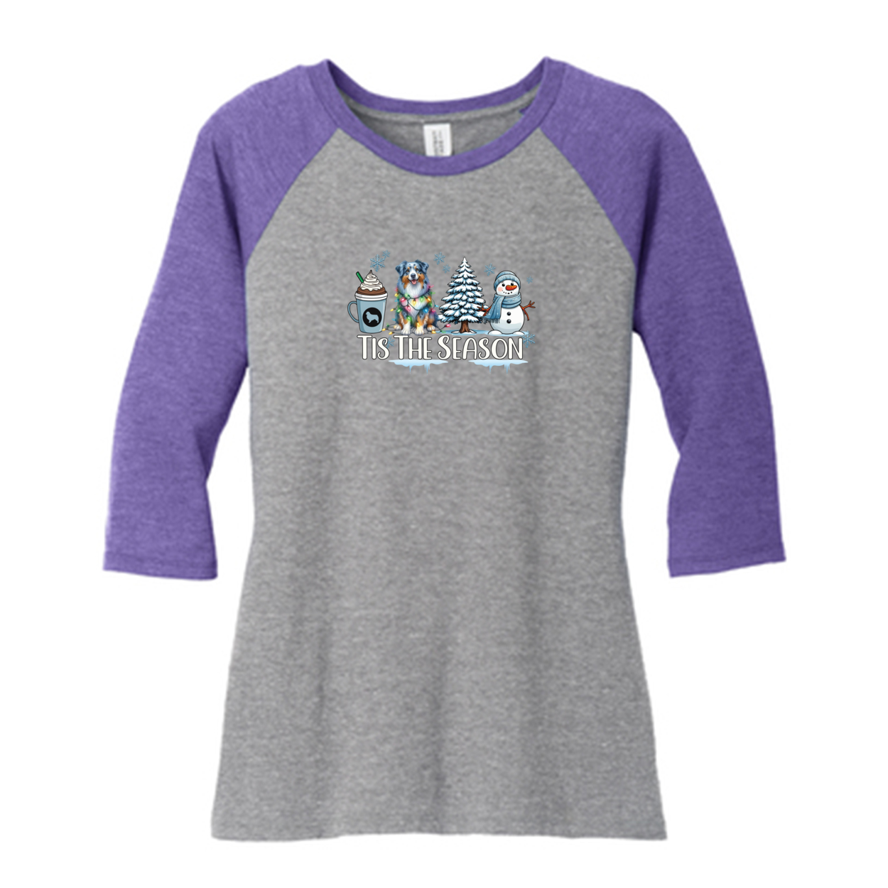 Blue Merle Australian Shepherd Winter Tis The Season 3/4-Sleeve Raglan