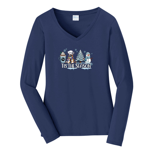 Bedlington Terrier Tis The Season Winter Port & Company® Ladies Long Sleeve Fan Favorite™ V-Neck Tee LPC450VLS - WagALotBowWow