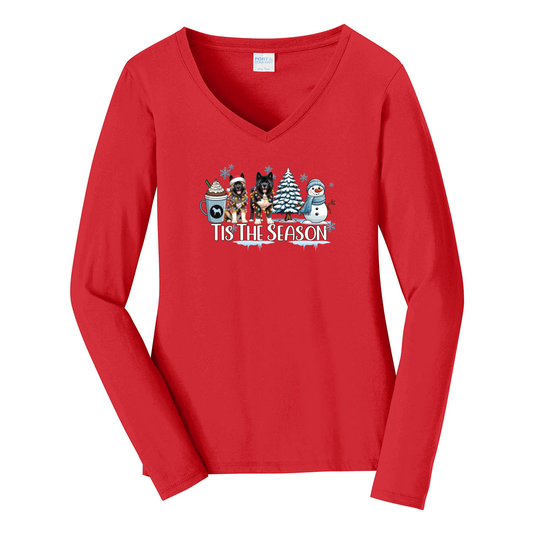 Akita Tis The Season Winter Port & Company® Ladies Long Sleeve Fan Favorite™ V-Neck Tee LPC450VLS - WagALotBowWow
