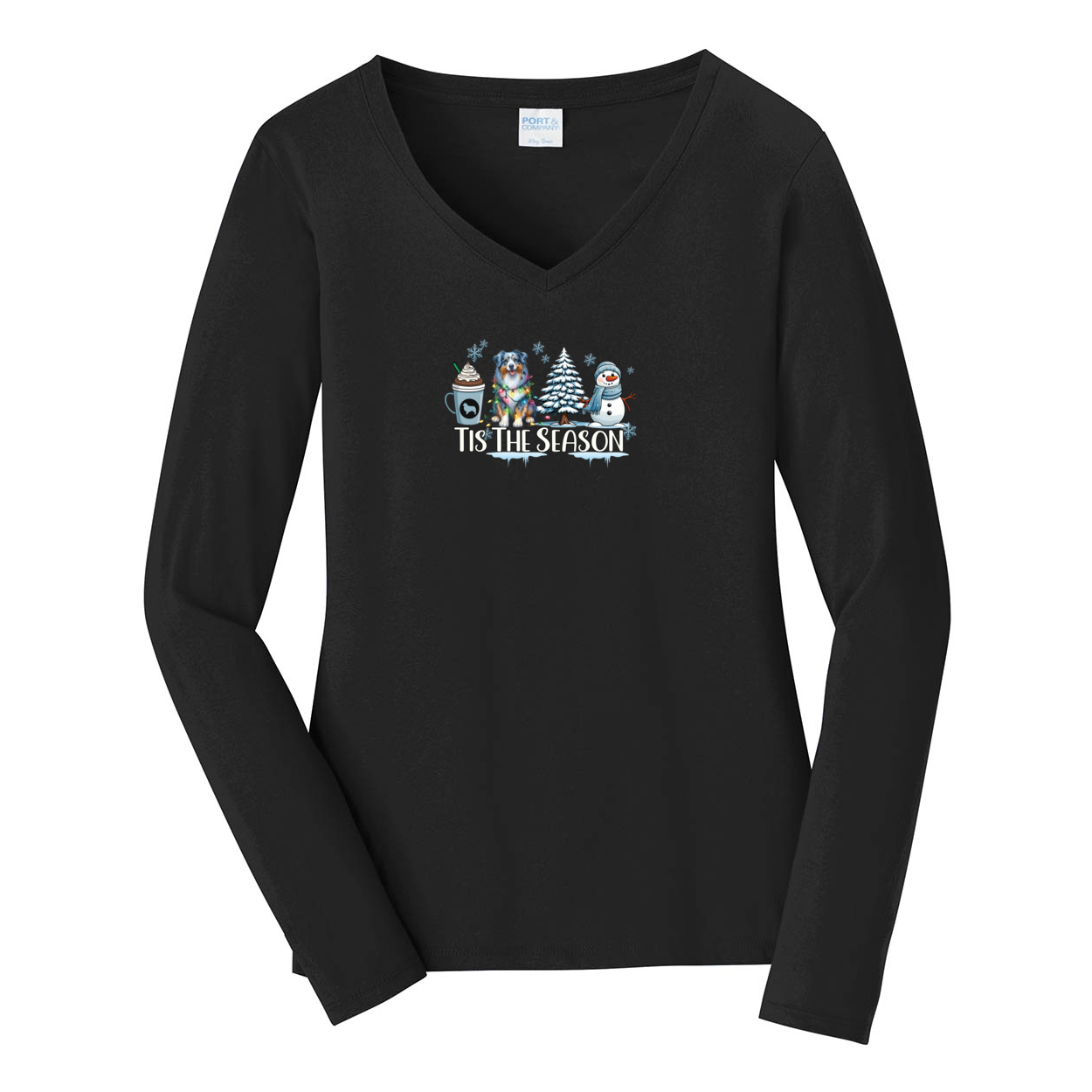 Blue Merle Australian Shepherd Tis The Season Winter V-Neck Long Sleeve