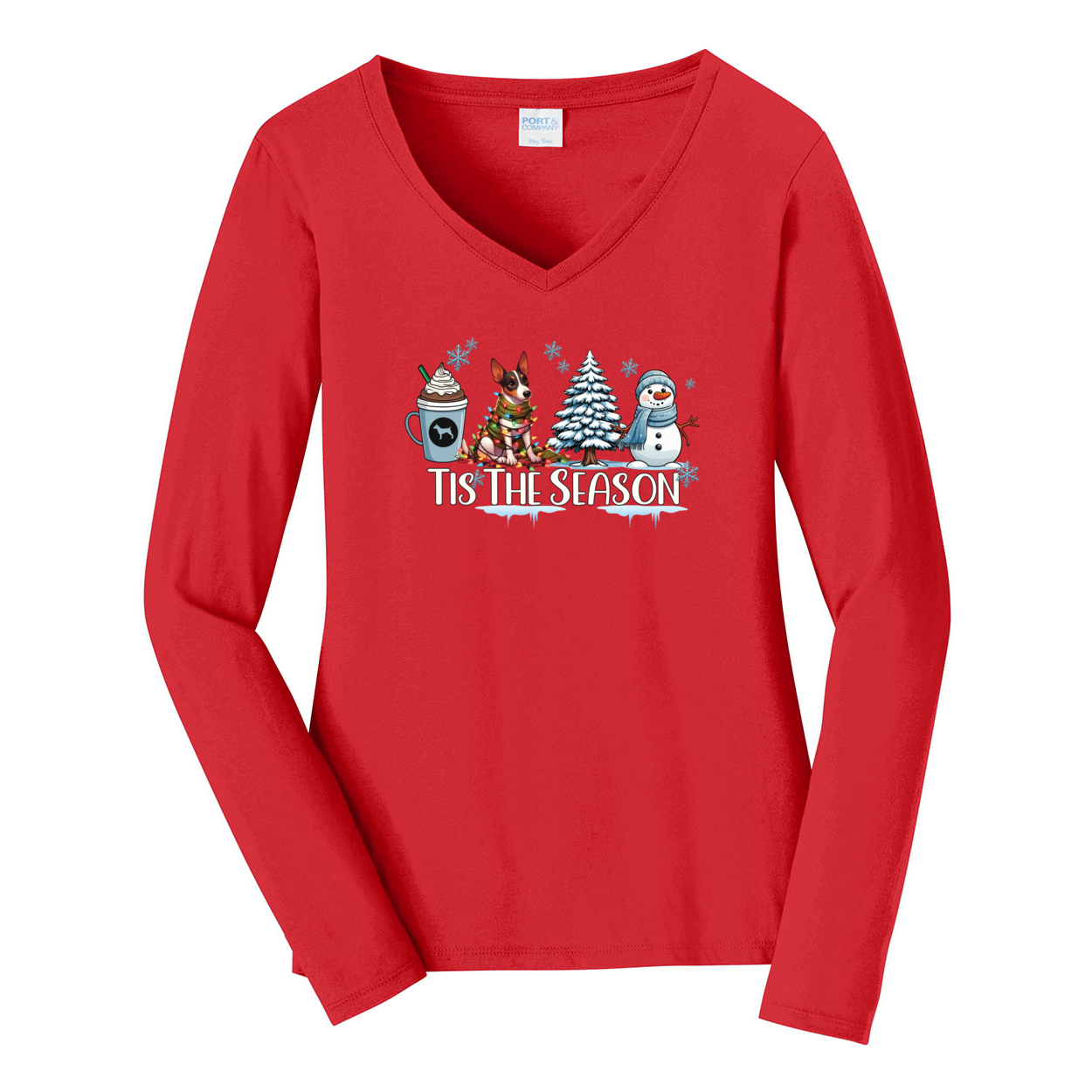 Rat Terrier Tis The Season Winter Port & Company® Ladies Long Sleeve Fan Favorite™ V-Neck Tee LPC450VLS - WagALotBowWow