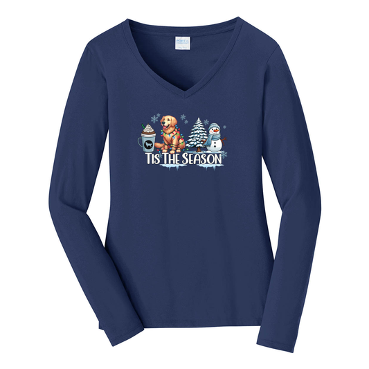 Golden Tis The Season Winter Port & Company® Ladies Long Sleeve Fan Favorite™ V-Neck Tee LPC450VLS - WagALotBowWow