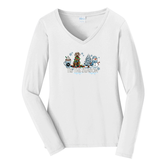 Weimaraner Tis The Season Winter Port & Company® Ladies Long Sleeve Fan Favorite™ V-Neck Tee LPC450VLS - WagALotBowWow