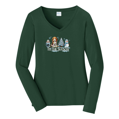 Beagle Tis The Season Winter Port & Company® Ladies Long Sleeve Fan Favorite™ V-Neck Tee LPC450VLS