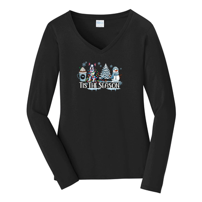 Boston Terrier Tis The Season Winter Port & Company® Ladies Long Sleeve Fan Favorite™ V-Neck Tee LPC450VLS