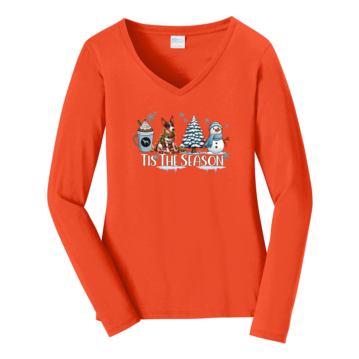 Rat Terrier Tis The Season Winter Port & Company® Ladies Long Sleeve Fan Favorite™ V-Neck Tee LPC450VLS