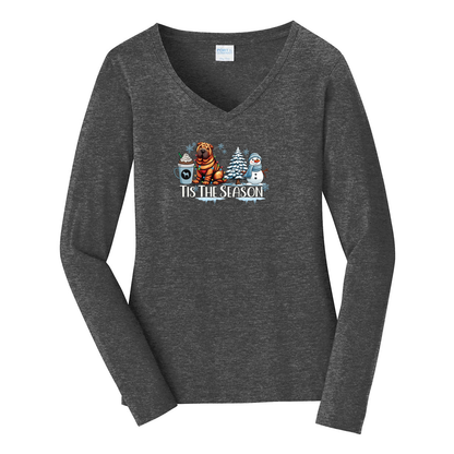 Chinese Shar-Pei Tis The Season Winter Port & Company® Ladies Long Sleeve Fan Favorite™ V-Neck Tee LPC450VLS