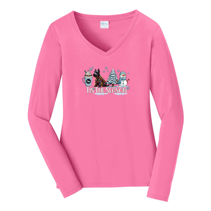 Scottish Terrier Tis The Season Winter Port & Company® Ladies Long Sleeve Fan Favorite™ V-Neck Tee LPC450VLS