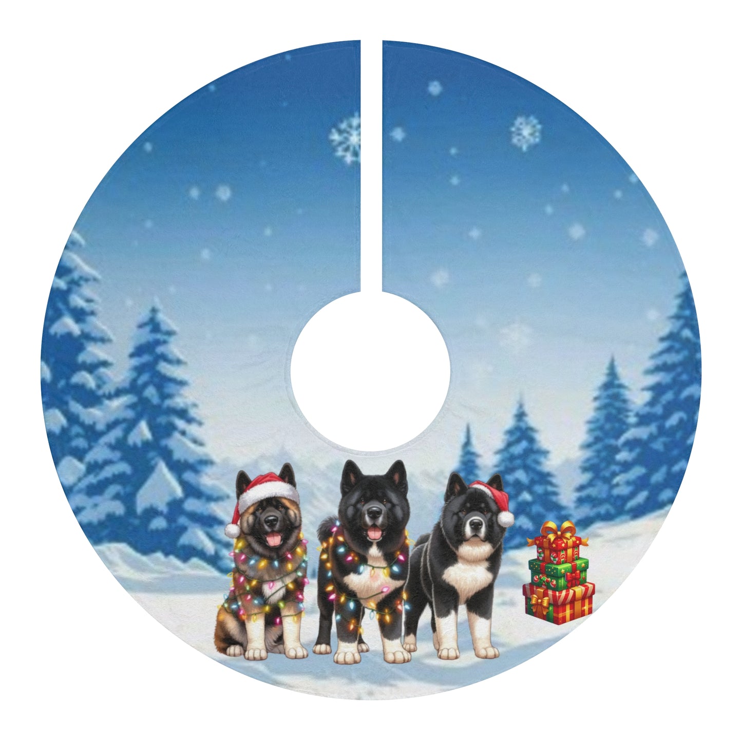 Christmas Tree Skirt — Festive Snowy Dogs with Gifts Holiday Decor