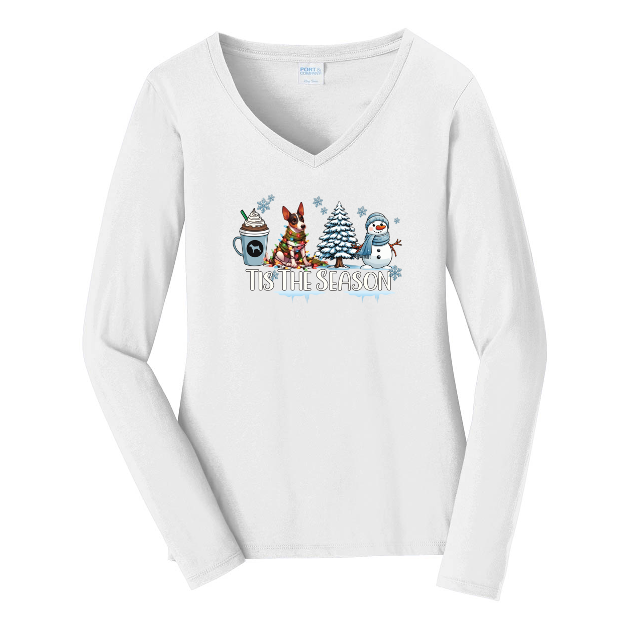 Rat Terrier Tis The Season Winter Port & Company® Ladies Long Sleeve Fan Favorite™ V-Neck Tee LPC450VLS