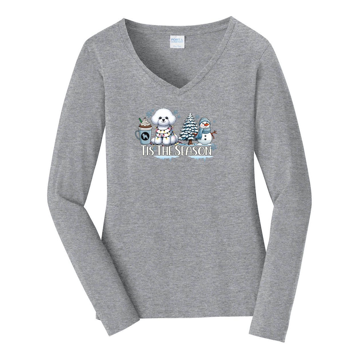 Bichon Frisé Tis The Season Winter Port & Company® Ladies Long Sleeve Fan Favorite™ V-Neck Tee LPC450VLS