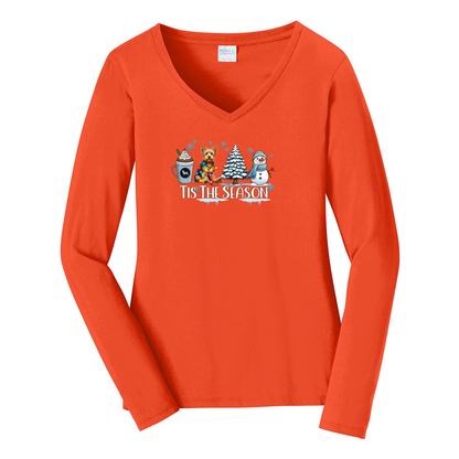 Australian Terrier Tis The Season Winter Port & Company® Ladies Long Sleeve Fan Favorite™ V-Neck Tee LPC450VLS