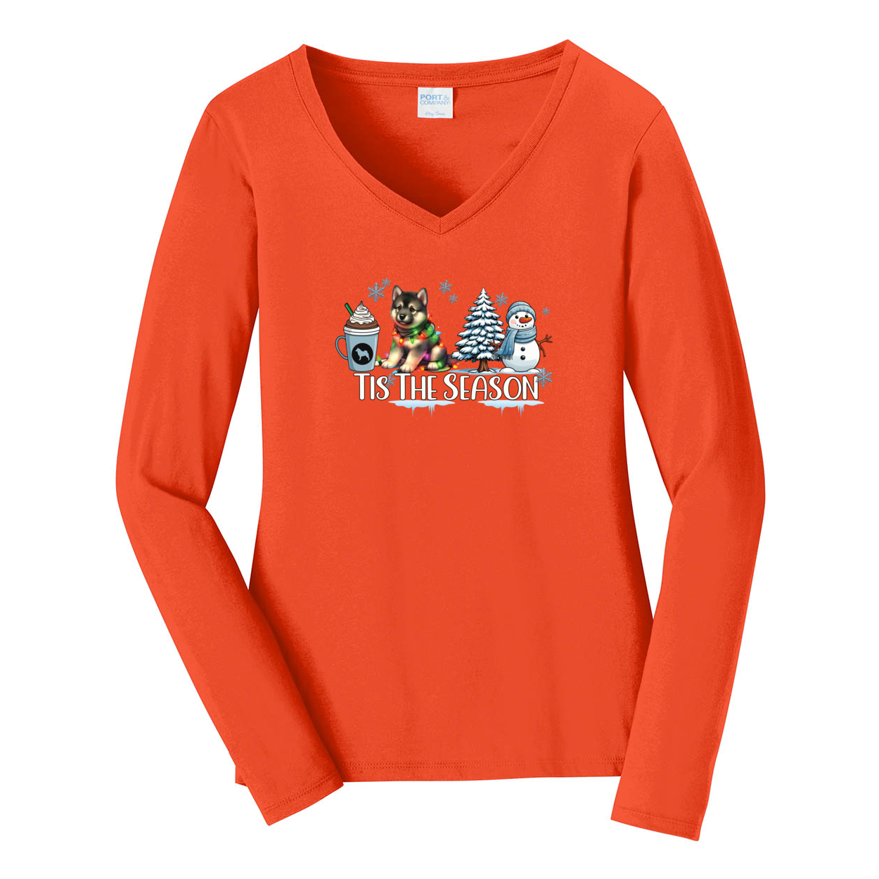 Norwegian Elkhound Tis The Season Winter Port & Company® Ladies Long Sleeve Fan Favorite™ V-Neck Tee LPC450VLS