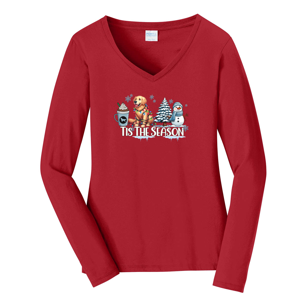 Golden Tis The Season Winter Port & Company® Ladies Long Sleeve Fan Favorite™ V-Neck Tee LPC450VLS