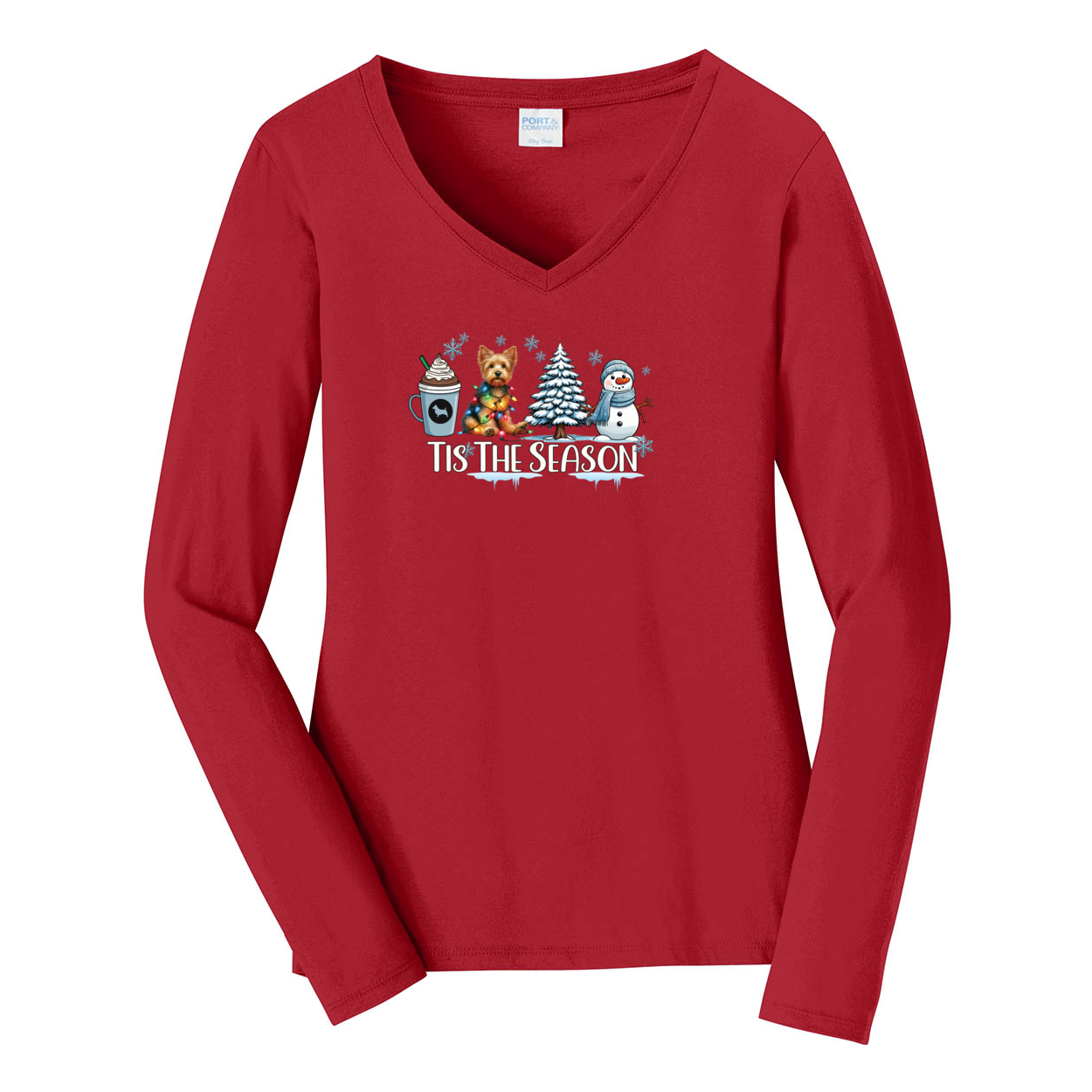 Australian Terrier Tis The Season Winter Port & Company® Ladies Long Sleeve Fan Favorite™ V-Neck Tee LPC450VLS