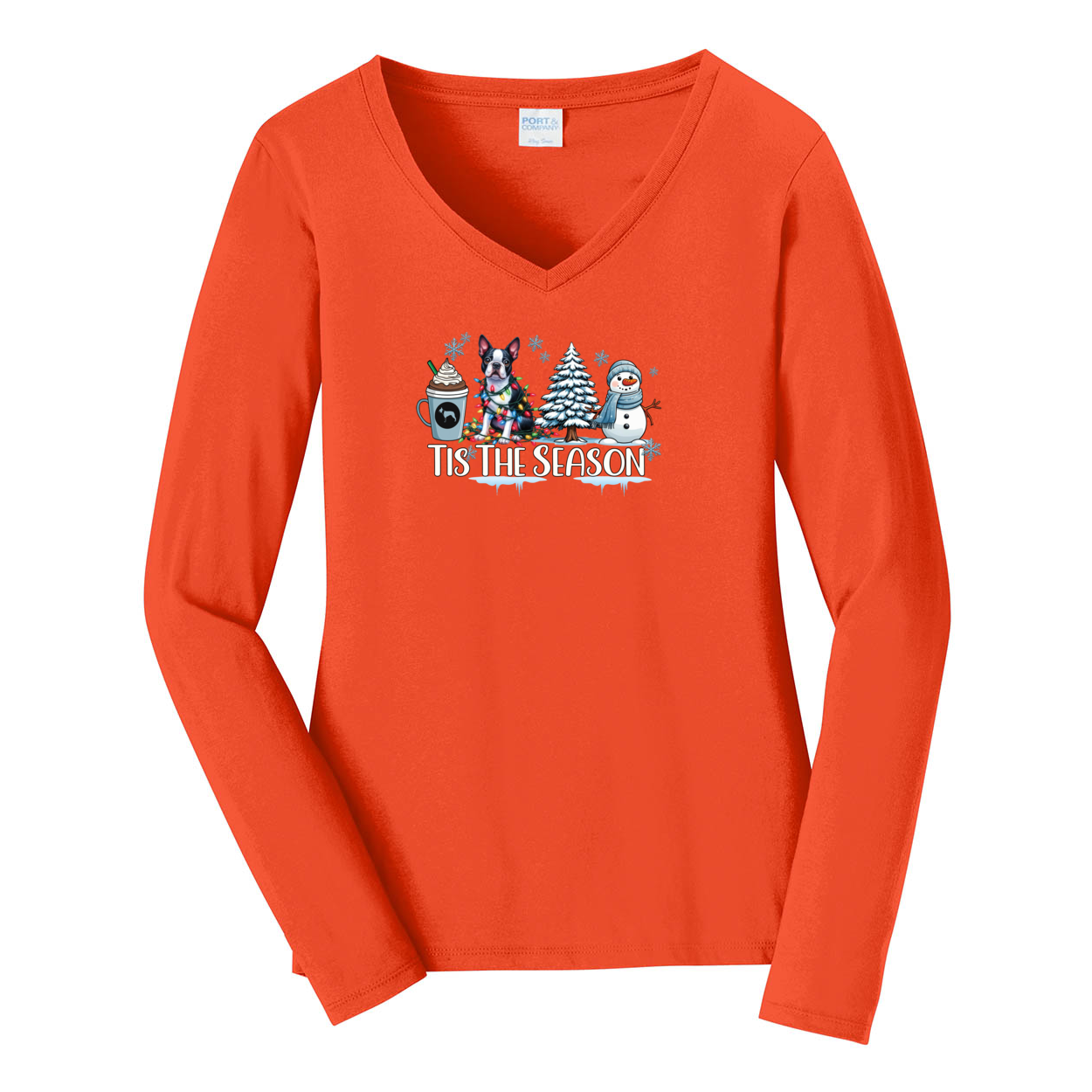 Boston Terrier Tis The Season Winter Port & Company® Ladies Long Sleeve Fan Favorite™ V-Neck Tee LPC450VLS