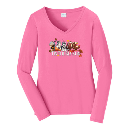 Alaskan Malamute Tis The Season Fall Port & Company® Ladies Long Sleeve Fan Favorite™ V-Neck Tee LPC450VLS