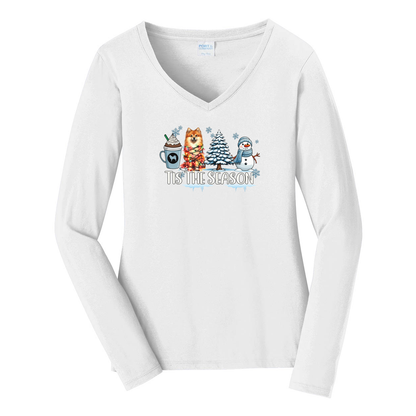 Finnish Spitz Tis The Season Winter Port & Company® Ladies Long Sleeve Fan Favorite™ V-Neck Tee LPC450VLS