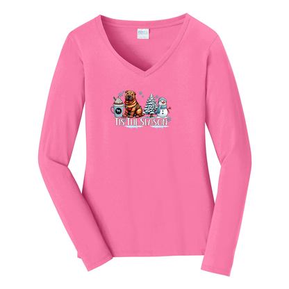 Chinese Shar-Pei Tis The Season Winter Port & Company® Ladies Long Sleeve Fan Favorite™ V-Neck Tee LPC450VLS