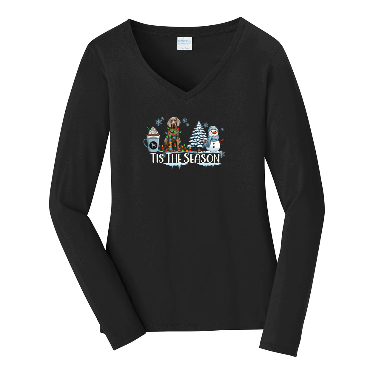 Weimaraner Tis The Season Winter Port & Company® Ladies Long Sleeve Fan Favorite™ V-Neck Tee LPC450VLS