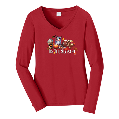 Blue Merle Australian Shepherd Tis The Season Fall V-Neck Long Sleeve