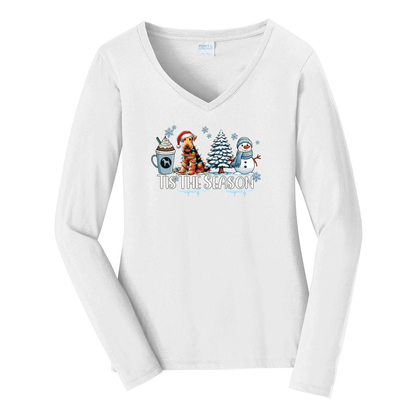 Airedale Terrier Tis The Season Winter Port & Company® Ladies Long Sleeve Fan Favorite™ V-Neck Tee LPC450VLS