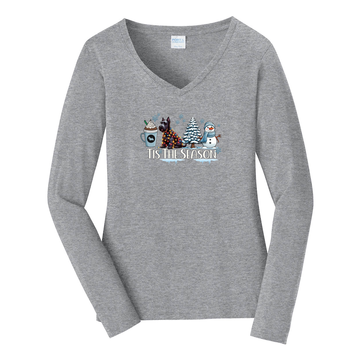 Scottish Terrier Tis The Season Winter Port & Company® Ladies Long Sleeve Fan Favorite™ V-Neck Tee LPC450VLS