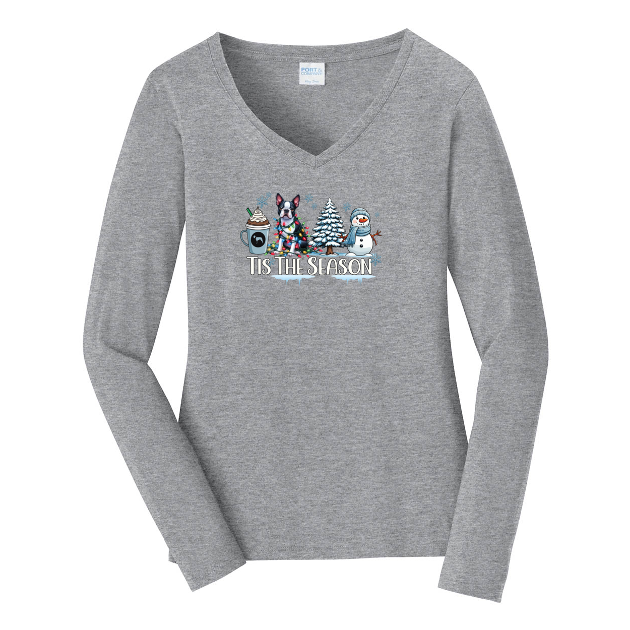 Boston Terrier Tis The Season Winter Port & Company® Ladies Long Sleeve Fan Favorite™ V-Neck Tee LPC450VLS