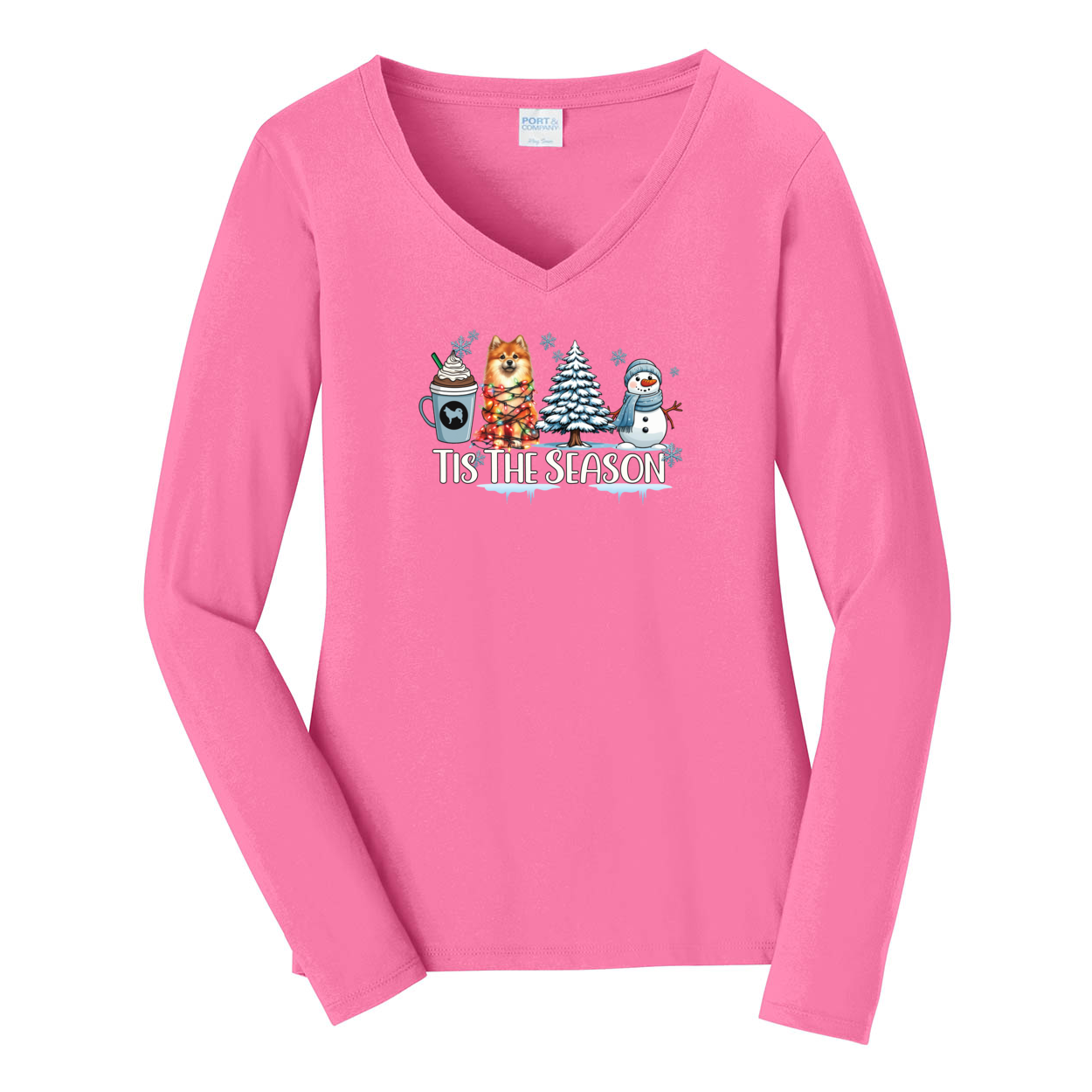 Finnish Spitz Tis The Season Winter Port & Company® Ladies Long Sleeve Fan Favorite™ V-Neck Tee LPC450VLS