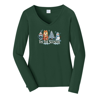 Finnish Spitz Tis The Season Winter Port & Company® Ladies Long Sleeve Fan Favorite™ V-Neck Tee LPC450VLS