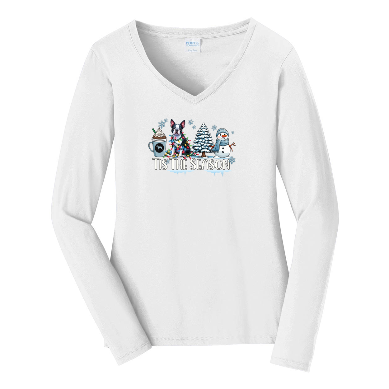 Boston Terrier Tis The Season Winter Port & Company® Ladies Long Sleeve Fan Favorite™ V-Neck Tee LPC450VLS