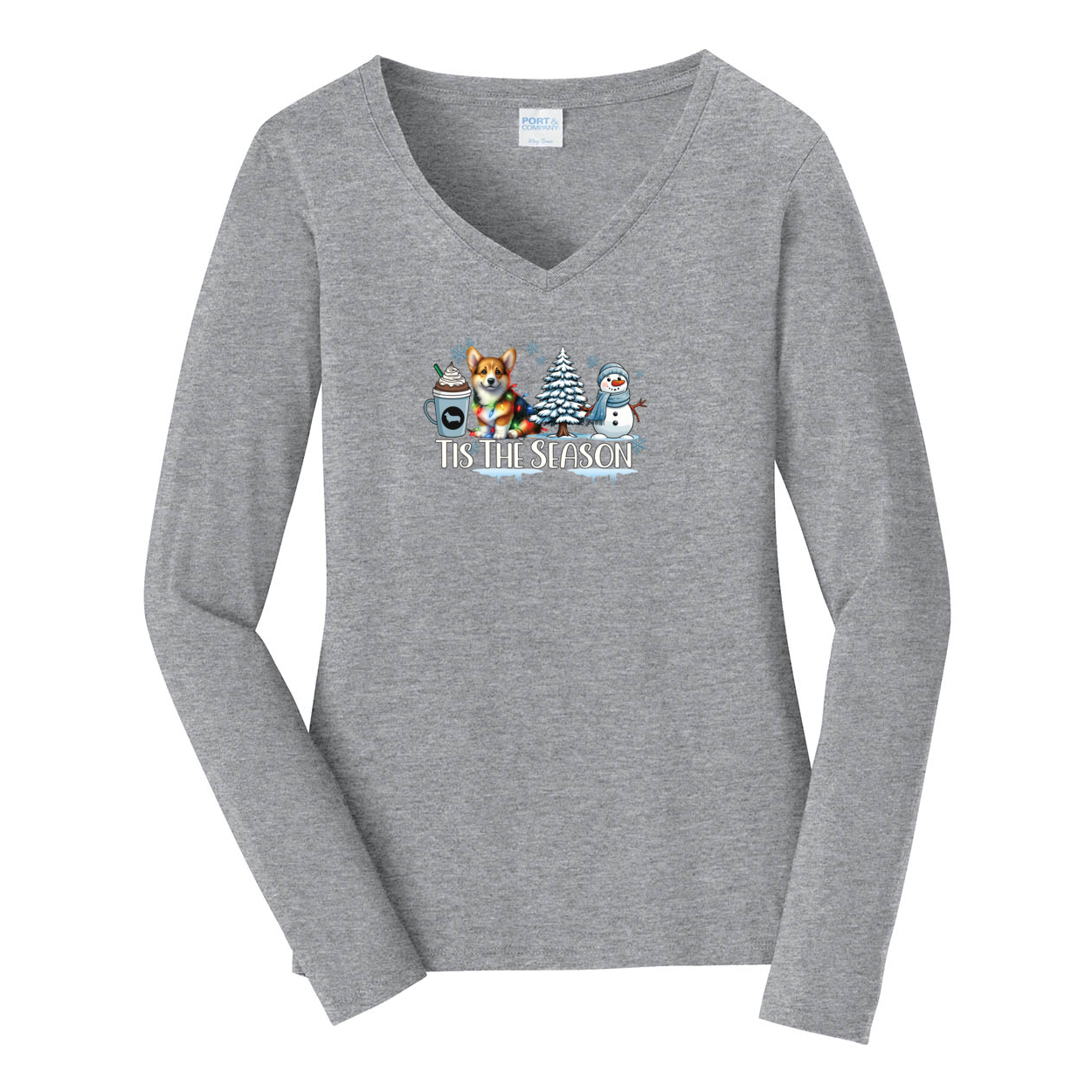 Pembroke Welsh Corgi Tis The Season Winter Port & Company® Ladies Long Sleeve Fan Favorite™ V-Neck Tee LPC450VLS