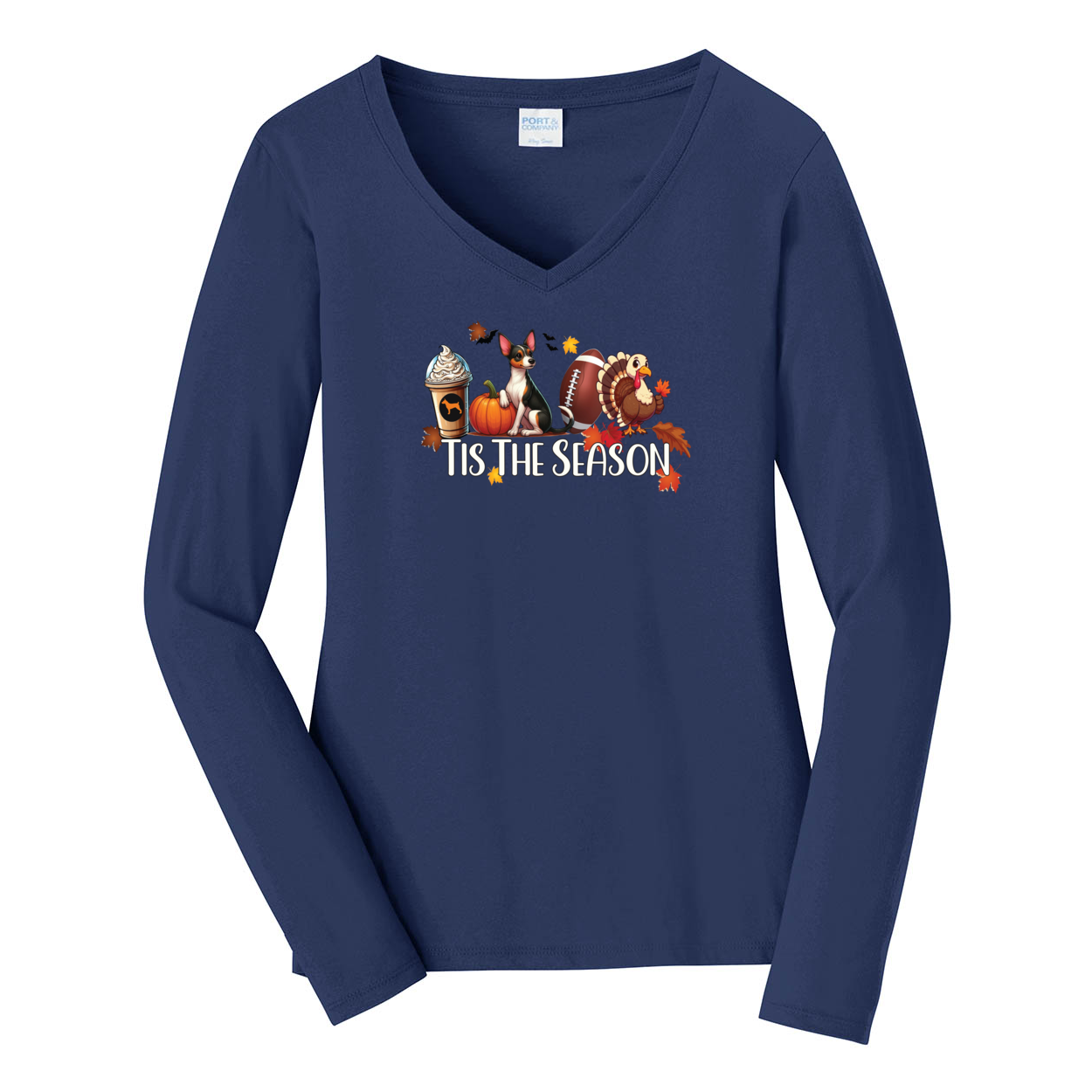 Rat Terrier Tis The Season Fall Port & Company® Ladies Long Sleeve Fan Favorite™ V-Neck Tee LPC450VLS