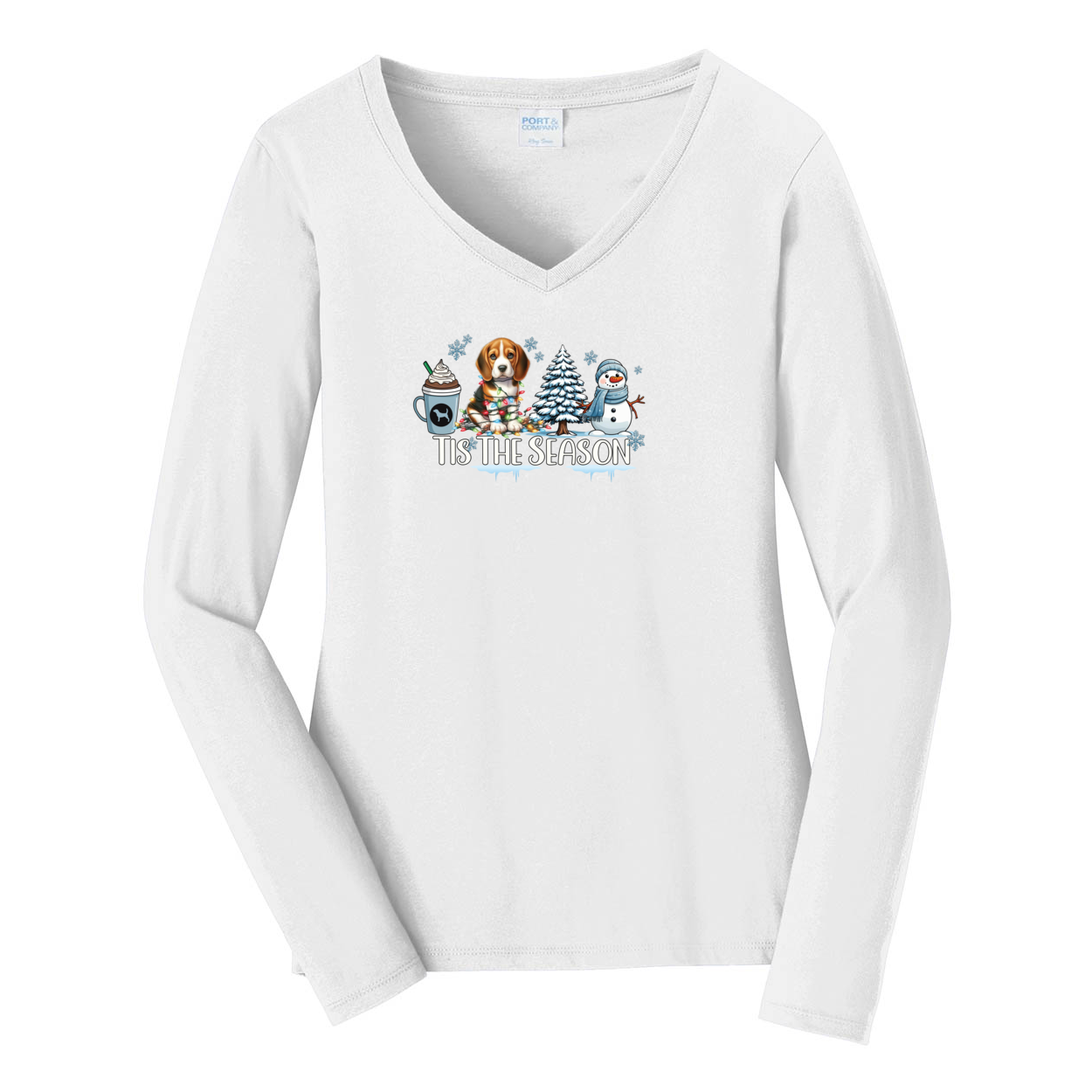 Beagle Tis The Season Winter Port & Company® Ladies Long Sleeve Fan Favorite™ V-Neck Tee LPC450VLS